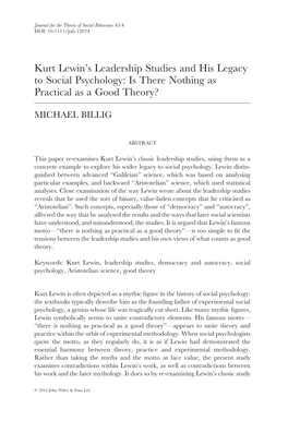 Kurt Lewin's Leadership Studies and His Legacy to Social Psychology: Is There Nothing As Practical As a Good Theory?