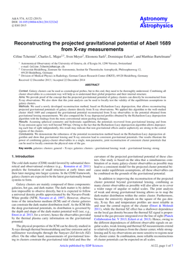 Reconstructing the Projected Gravitational Potential of Abell 1689 from X-Ray Measurements Céline Tchernin1, Charles L