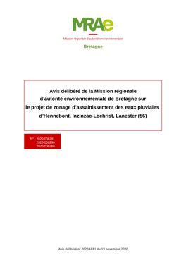 Avis Délibéré De La Mission Régionale D'autorité Environnementale De Bretagne Sur Le Projet De Zonage D'assainissement