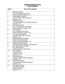 TAMBARAM MUNICIPALITY List of Hospitals S.No. Name of The