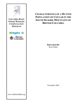 Characteristics of a Hunted Population of Cougar in the South Selkirk