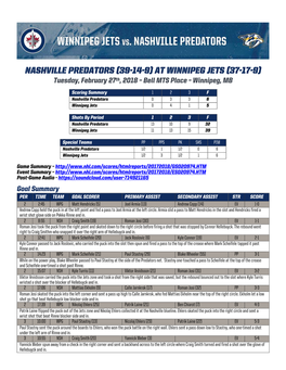 Nashville Predators (39-14-9) at Winnipeg Jets (37-17-9) Tuesday, February 27Th, 2018 – Bell MTS Place – Winnipeg, MB