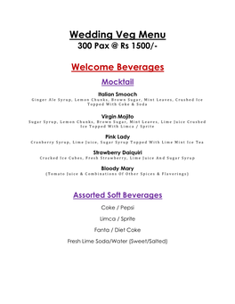 Wedding Veg Menu 300 Pax @ Rs 1500