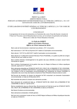 PRÉFET Du LOIRET ARRÊTÉ PRÉFECTORAL PORTANT AUTORISATION ENVIRONNEMENTALE AU TITRE DE L’ARTICLE L