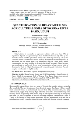 Quantification of Heavy Metals in Agricultural Soils of Swarna River Basin, Udupi