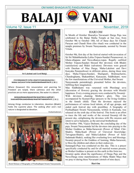 OM NAMO BHAGAVATE PANDURANGAYA BALAJI VANI Volume 12, Issue 11 November, 2018