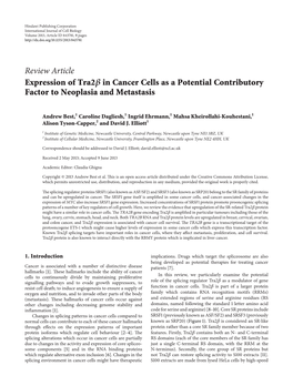 Review Article Expression of Tra2 in Cancer Cells As a Potential Contributory Factor to Neoplasia and Metastasis