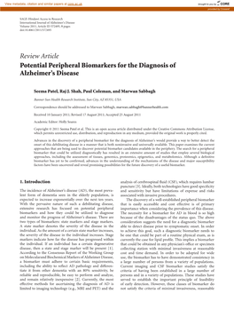 Review Article Potential Peripheral Biomarkers for the Diagnosis of Alzheimer’S Disease