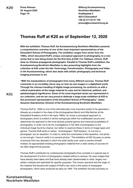 Thomas Ruff at K20 As of September 12, 2020