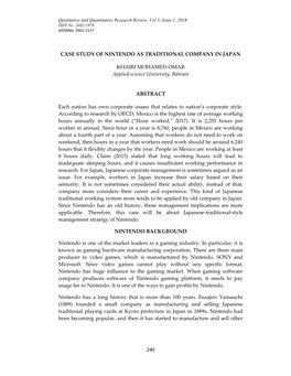 240 CASE STUDY of NINTENDO AS TRADITIONAL COMPANY in JAPAN KHAIRI MOHAMED OMAR Applied Science University, Bahrain ABSTRACT