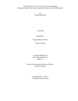 Analysis of Duo for Flute and Piano by Aaron Copland Exploring Copland’S Last Major Composition in the Context of Performance