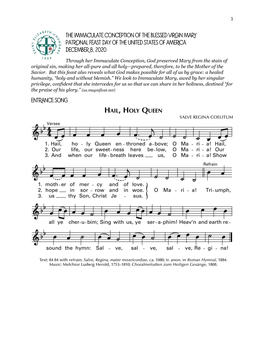 The Immaculate Conception of the Blessed Virgin Mary Patronal Feast Day of the United States of America December 8, 2020