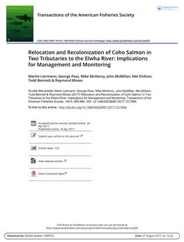 Relocation and Recolonization of Coho Salmon in Two Tributaries to the Elwha River: Implications for Management and Monitoring