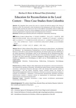 Education for Reconciliation in the Local Context – Three Case Studies from Colombia International Dialogues on Education, 2018, Volume 5, Number 1, Pp