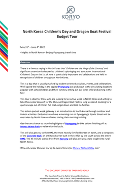 North Korea Children's Day and Dragon Boat Festival Budget Tour