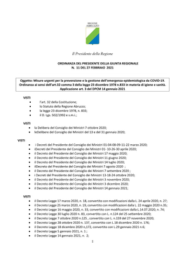 Ordinanza Del Presidente Della Giunta Regionale N. 11 Del 27 Febbraio 2021