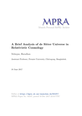 A Brief Analysis of De Sitter Universe in Relativistic Cosmology