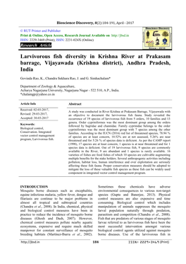 Larvivorous Fish Diversity in Krishna River at Prakasam Barrage, Vijayawada (Krishna District), Andhra Pradesh, India