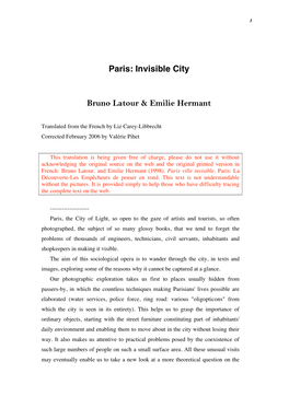 Paris: Invisible City Bruno Latour & Emilie Hermant
