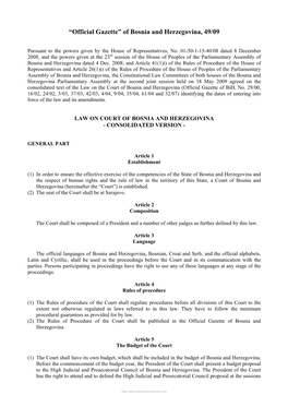 Law on Court of Bosnia and Herzegovina - Consolidated Version