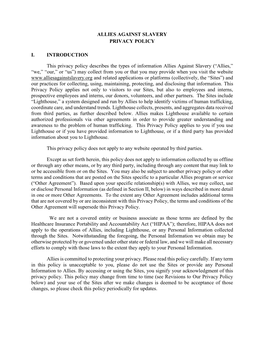 ALLIES AGAINST SLAVERY PRIVACY POLICY I. INTRODUCTION This Privacy Policy Describes the Types of Information Allies Against Slav