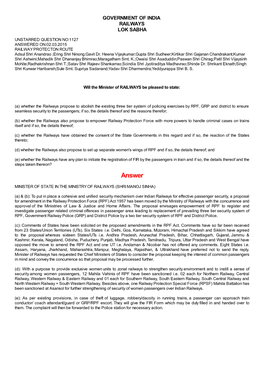 ANSWERED ON:02.03.2015 RAILWAY PROTECTON ROUTE Adsul Shri Anandrao ;Ering Shri Ninong;Gavit Dr