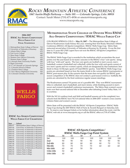 Rocky Mountain Athletic Conference 1867 Austin Bluﬀ S Parkway --- Suite 101 --- Colorado Springs, Colo