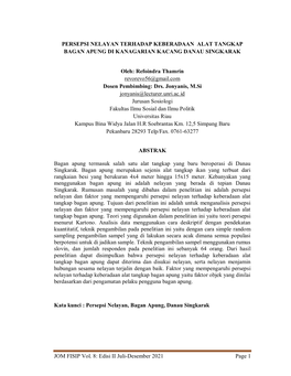 JOM FISIP Vol. 8: Edisi II Juli-Desember 2021 Page 1 COMMUNITY PERCEPTION of the EXISTENCE of FLOATING CHART FISHING EQUIPMENT in KACANG SINGKARAK LAKE