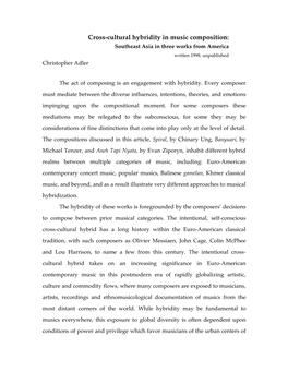 Cross-Cultural Hybridity in Music Composition: Southeast Asia in Three Works from America Written 1998, Unpublished Christopher Adler