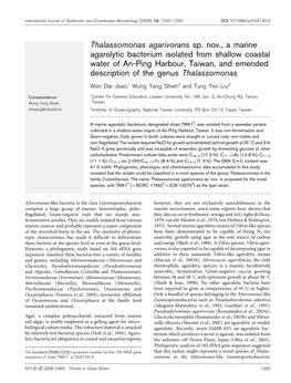 Thalassomonas Agarivorans Sp. Nov., a Marine Agarolytic Bacterium Isolated from Shallow Coastal Water of An-Ping Harbour, Taiwan