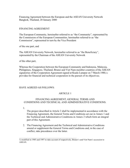 Financing Agreement Between the European and the ASEAN University Network Bangkok, Thailand, 20 January 2000