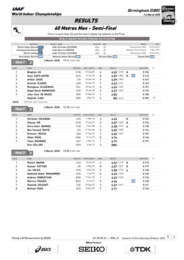 RESULTS 60 Metres Men - Semi-Final First 2 in Each Heat (Q) and the Next 2 Fastest (Q) Advance to the Final WORLD INDOOR RECORD PENDING RATIFICATION