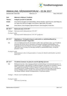 INNKALLING, RÅDMANNSFORUM – 02.06 2017 Saksbehandler: Bård Eidet Referanse: 17- Dato: 24.05.2017