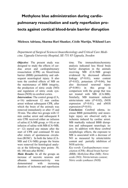 Methylene Blue Administration During Cardio- Pulmonary Resuscitation and Early Reperfusion Pro- Tects Against Cortical Blood-Brain Barrier Disruption