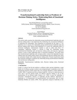 Transformational Leadership Style As Predictor of Decision Making Styles: Moderating Role of Emotional Intelligence