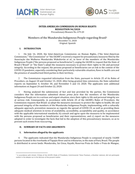 Members of the Munduruku Indigenous People Regarding Brazil1 December 11, 2020 Original: Spanish