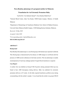 Para-Bombay Phenotype of a Pregnant Mother in Malaysia
