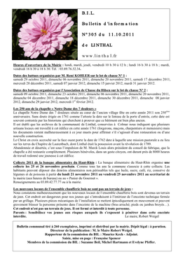 B.I.L. Bulletin D'information N° 305 Du 11.10.2011 De LINTHAL