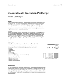 Classical Math Fractals in Postscript Fractal Geometry I