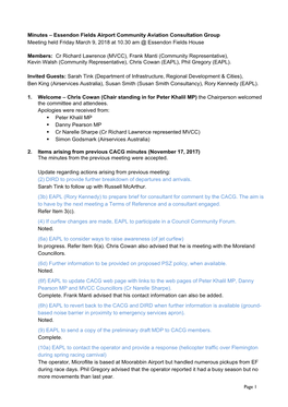 Minutes – Essendon Fields Airport Community Aviation Consultation Group Meeting Held Friday March 9, 2018 at 10.30 Am @ Essendon Fields House