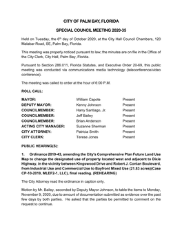 City of Palm Bay, Florida, October 6, 2020 Special Council Meeting