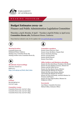 Budget Estimates 2019–20 Finance and Public Administration Legislation Committee