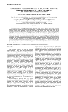 Reproductive Biology of the Rare Plant, Dysosma Pleiantha (Berberidaceae): Breeding System, Pollination and Implications for Conservation