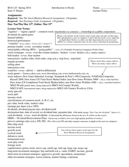 BUS-123 Spring 2014 Introduction to Stocks Name: Instr: F. Paiano Lecture Notes Assignments: Required: See