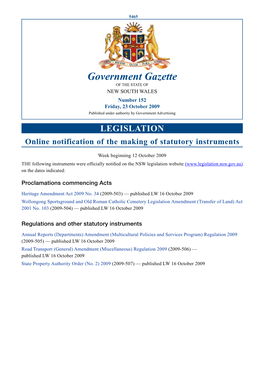 Government Gazette of the STATE of NEW SOUTH WALES Number 152 Friday, 23 October 2009 Published Under Authority by Government Advertising