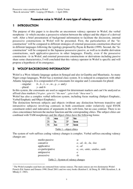 1 Possessive Voice in Wolof: a Rara Type of Valency Operator 1