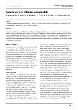 Kocuria Varians Infective Endocarditis S Shashikala, R Kavitha, K Prakash, J Chithra, T Shailaja, P Shamsul Karim