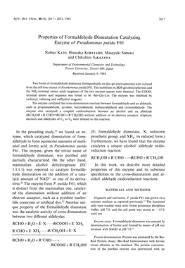 Properties of Formaldehyde Dismutation Catalyzing Enzymeof