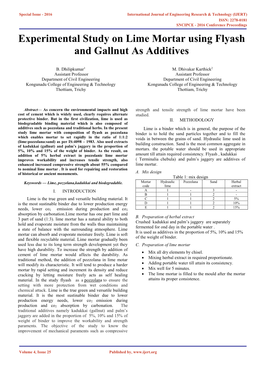 Experimental Study on Lime Mortar Using Flyash and Gallnut As Additives