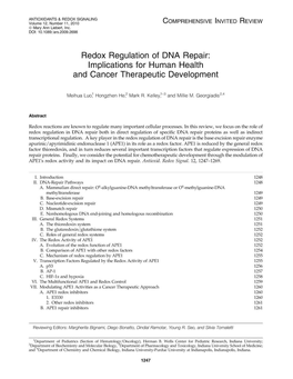 Redox Regulation of DNA Repair: Implications for Human Health and Cancer Therapeutic Development